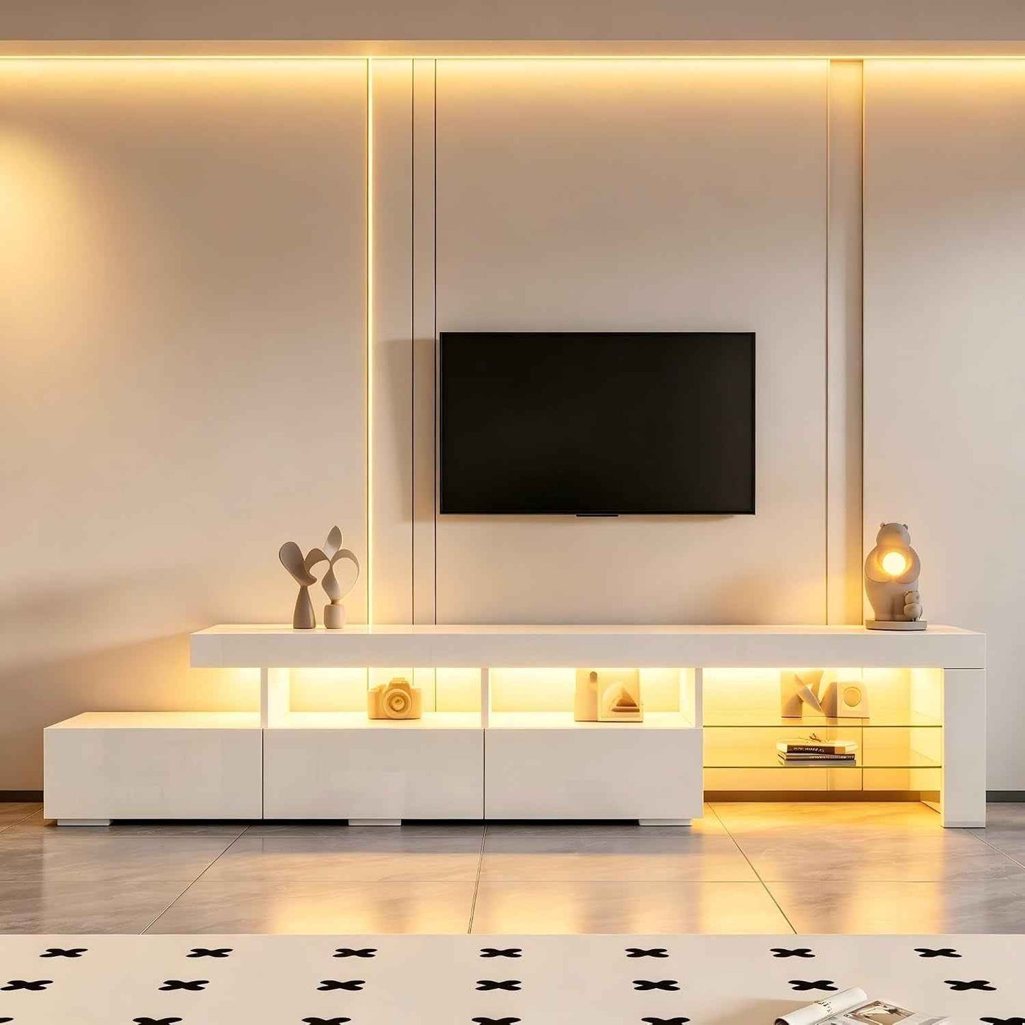 Meuble TV LED 180 Cm, Meuble Tele Avec Rangement, Meuble TV LED Haute Brillance, Pour TV Jusqu'À 75 Pouces, Blanc, 180 X 35 X 45 Cm