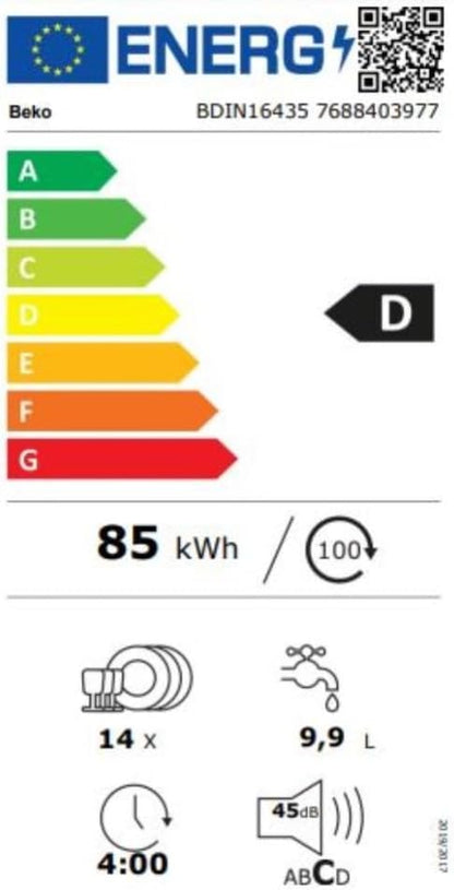 BEKO Lave Vaisselle Tout Integrable 60 Cm BDIN16435, 14 Couverts, 6 Programmes, 45 Db