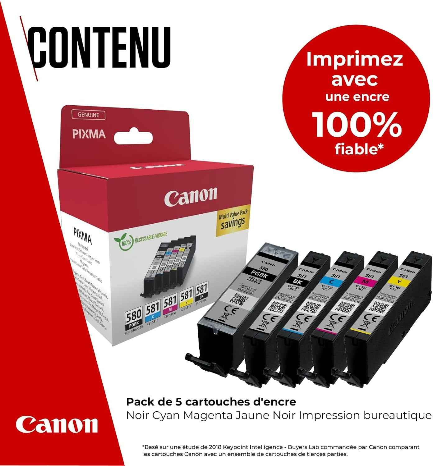Canon PGI-580 + CLI-581 Multipack Cartouches D'Encre D'Origine | Encre Canon Authentique - Noir Pigmenté plus Noir, Cyan, Magenta Et Jaune - Pour PIXMA TR8550, TR7550, TS6150 Et plus !