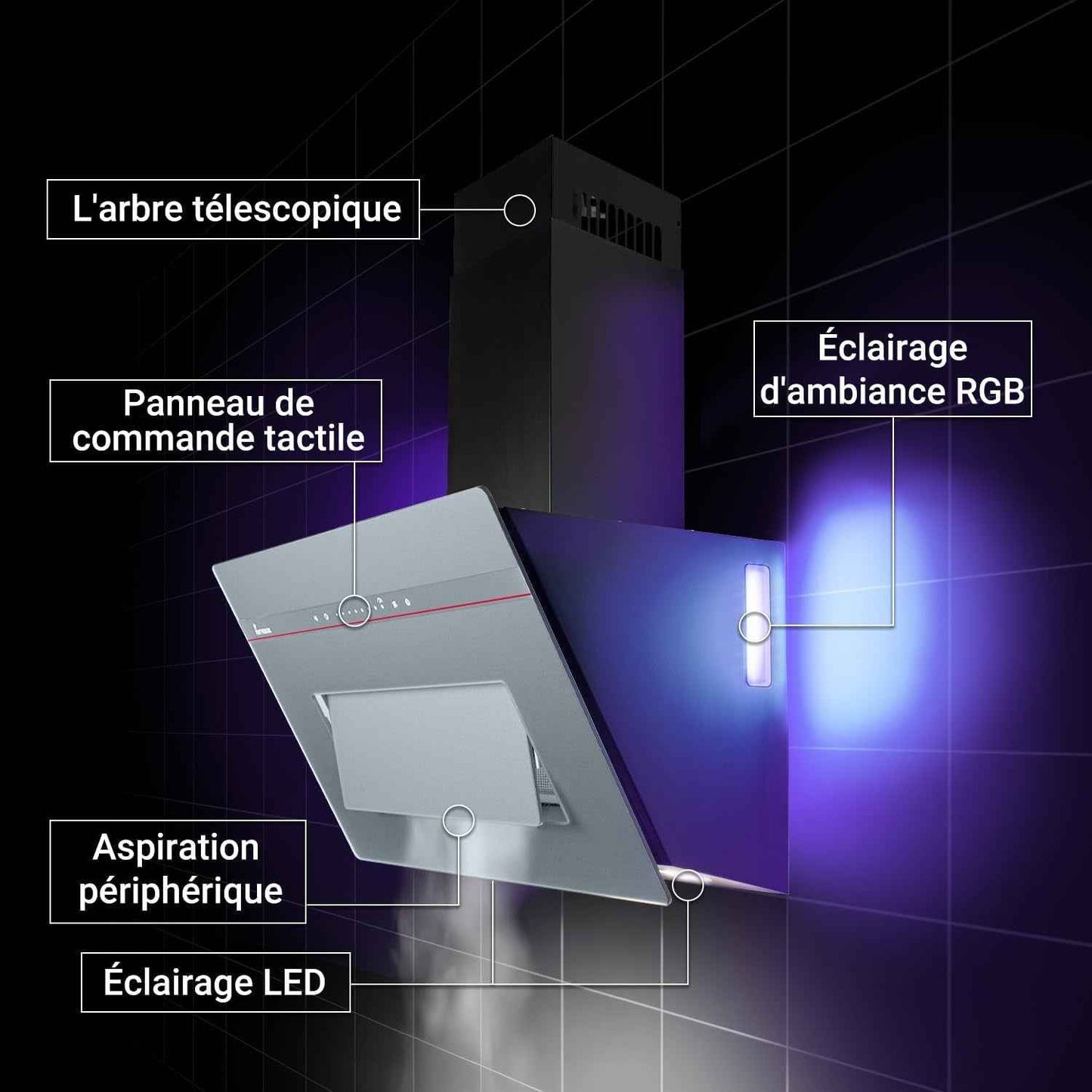 Hotte Murale Inclinée 90 Cm A+++ 782 M³/H Évacuation/Recyclage | Verre Gris Mat | Fonction Arrêt Différé | Smart Wifi App WLAN | Commandes Sensortouch | Éclairage LED RGBW | PLOOM9005G