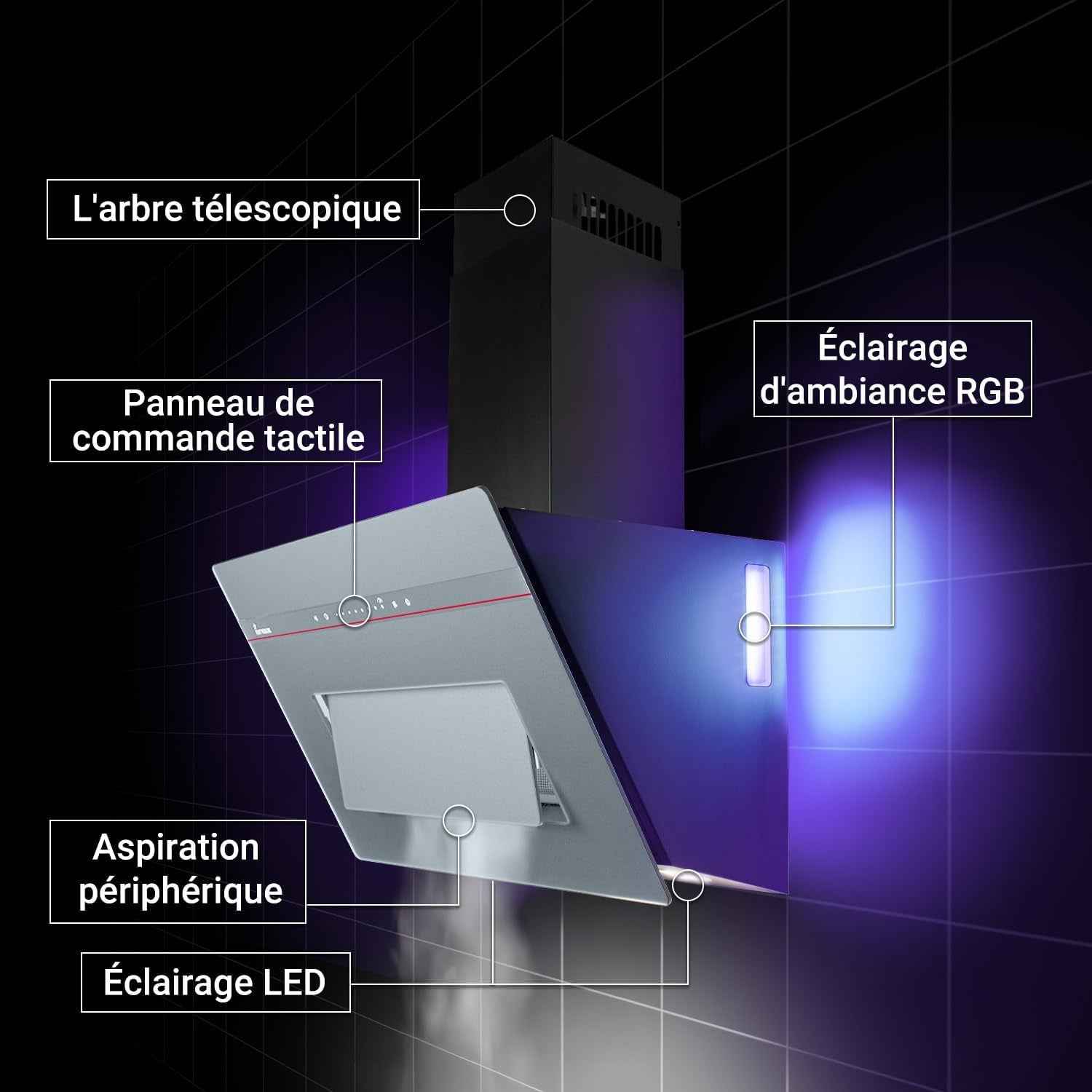 Hotte Murale Inclinée 90 Cm A+++ 782 M³/H Évacuation/Recyclage | Verre Gris Mat | Fonction Arrêt Différé | Smart Wifi App WLAN | Commandes Sensortouch | Éclairage LED RGBW | PLOOM9005G