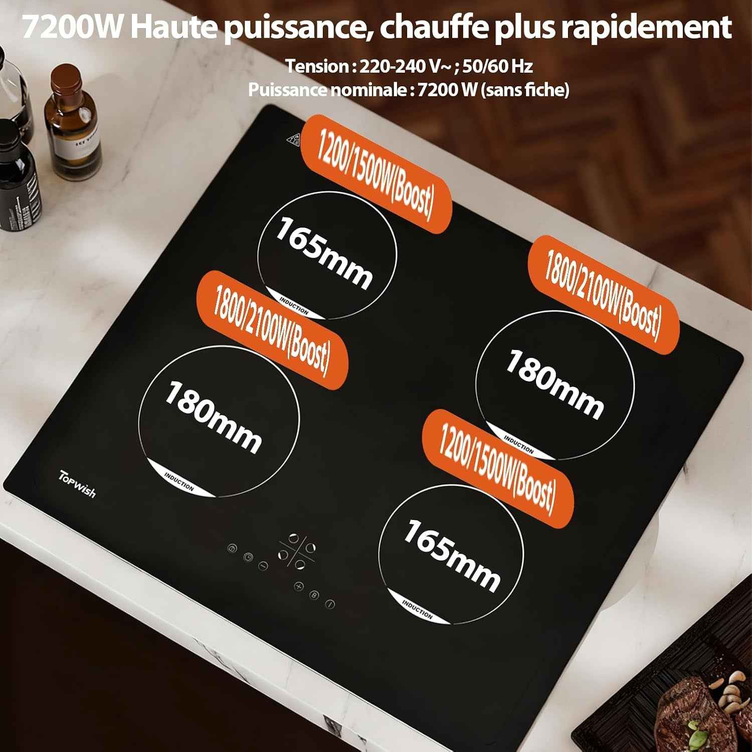 Plaque Induction 4 Feux, Plaque De Cuisson À Induction, 7200W | Plaque De Cuisson Induction 60Cm, Con 9 Niveaux, Boost, Voyant De Surface Chaude, Protection D'Extinction, Verrou De Sécurité