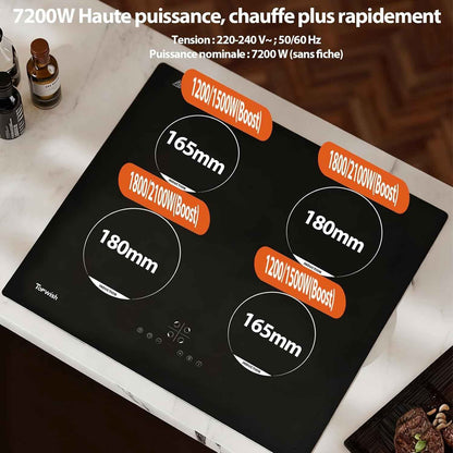 Plaque Induction 4 Feux, Plaque De Cuisson À Induction, 7200W | Plaque De Cuisson Induction 60Cm, Con 9 Niveaux, Boost, Voyant De Surface Chaude, Protection D'Extinction, Verrou De Sécurité