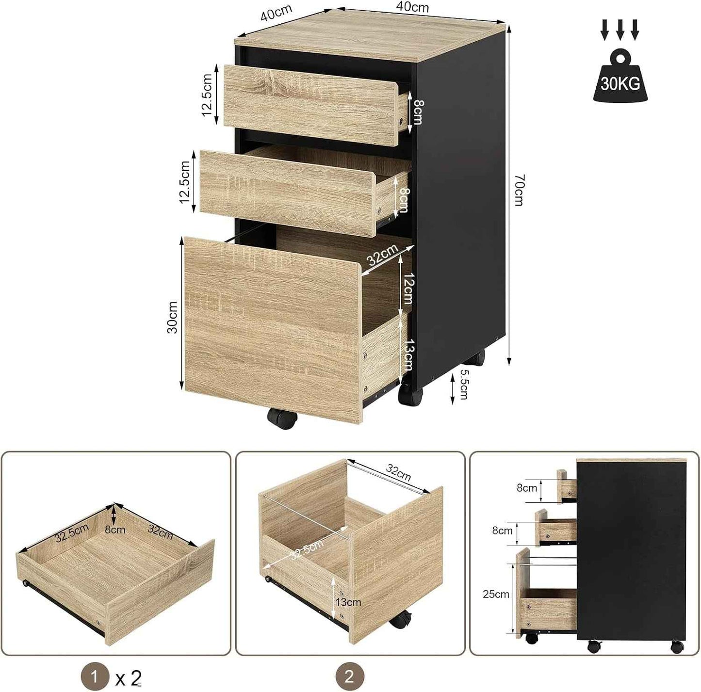 Caisson Bureau Mobile, Documents Avec 3 Tiroirs, Chêne Clair Et Noir | Sur Roulettes Meuble Rangement, 40X40X71.5Cm