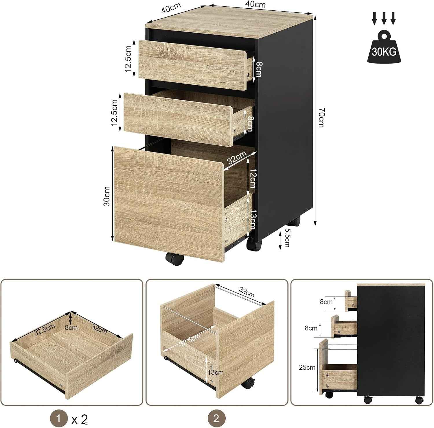 Caisson Bureau Mobile, Documents Avec 3 Tiroirs, Chêne Clair Et Noir | Sur Roulettes Meuble Rangement, 40X40X71.5Cm
