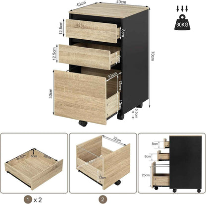 Caisson Bureau Mobile, Documents Avec 3 Tiroirs, Chêne Clair Et Noir | Sur Roulettes Meuble Rangement, 40X40X71.5Cm