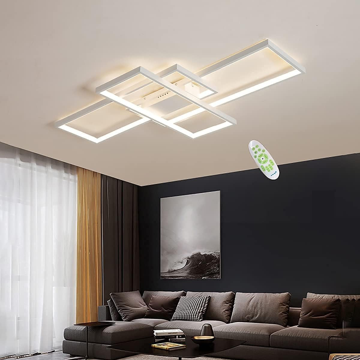 Lustre Moderne, Plafonnier LED Salon Rectangulaire, Lampe Plafonnier LED Dimmable En Métal Acrylique, Plafonnier Salon Design Avec Telecommande,Blanc,90 * 50CM/80W