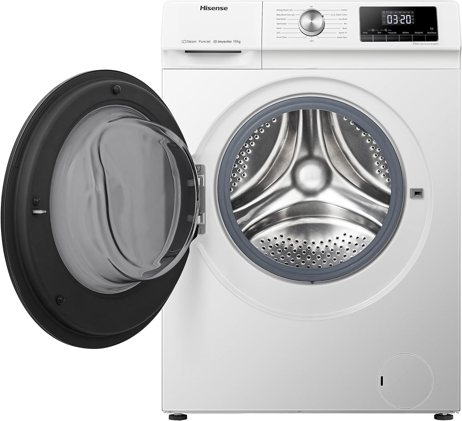 Hisense WFQA1014EVJM Machine À Laver Avec Fonction Vapeur, 10 Kg/Aquastop, 1400 Tr/Min, 15 Programmes, Moteur Inverter Powerdrive, Tambour En Acier Inoxydable, Sécurité Enfant, Nettoyage Du Tambour,
