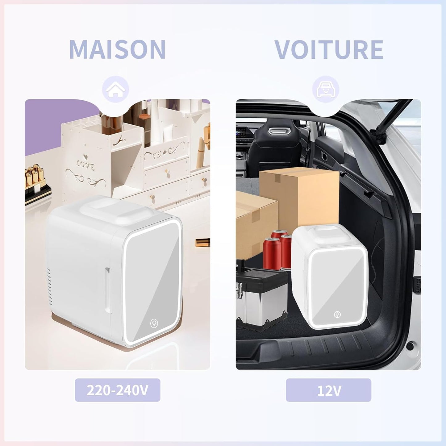 Mini Frigo Pour Chambre, Frigo Skincare Avec Miroir LED, Petit Frigo De 4L Portable, Thermoelectrique Chauffe & Refroidisseur 220V AC / 12V DC Pour Voiture, Bureau, Dortoir (Blanc)
