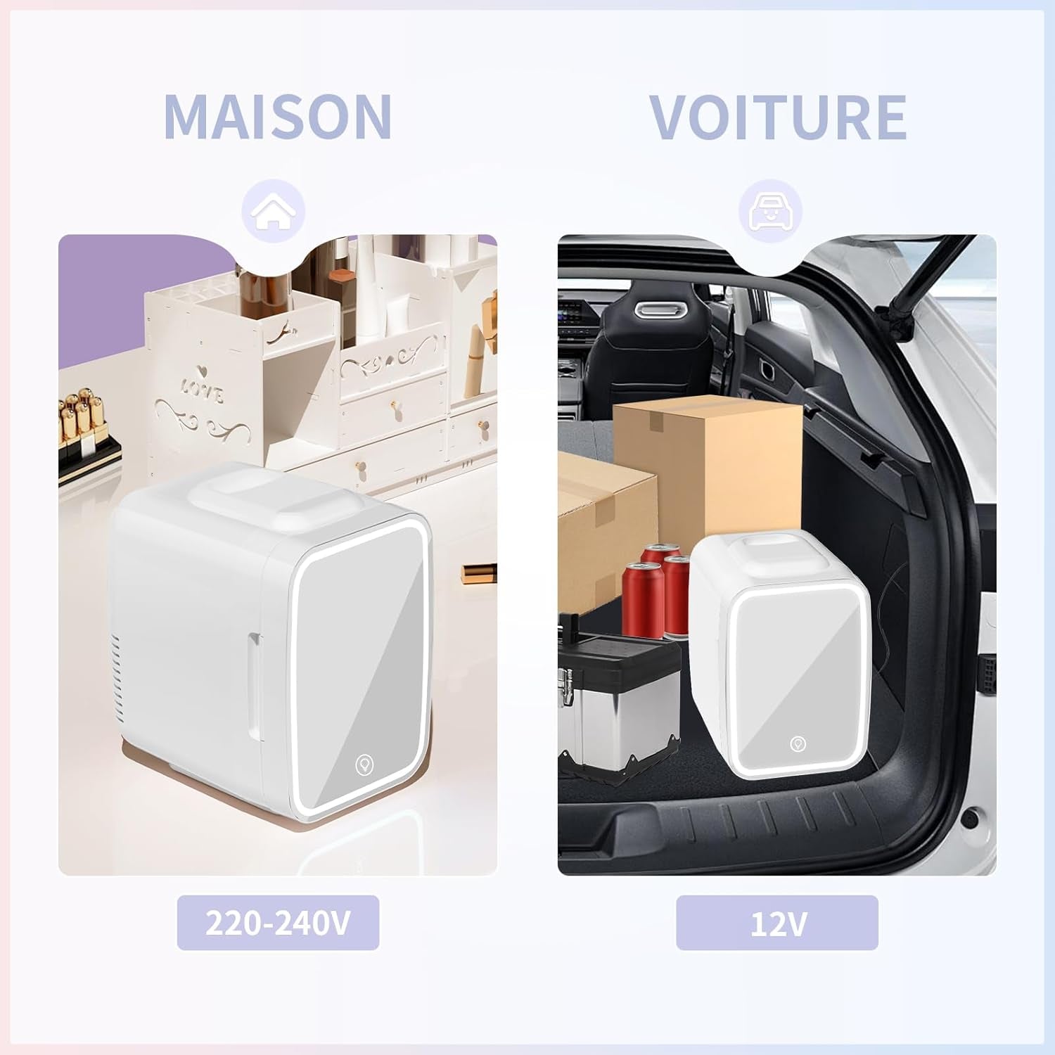 Mini Frigo Pour Chambre, Frigo Skincare Avec Miroir LED, Petit Frigo De 4L Portable, Thermoelectrique Chauffe & Refroidisseur 220V AC / 12V DC Pour Voiture, Bureau, Dortoir (Blanc)