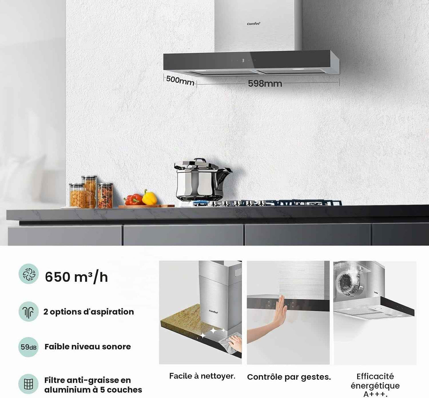 Hotte Aspirante TSHM77SS-60 60 Cm Classe A+++ Hotte Aspirante En Acier Inoxydable 650 M³/H Avec LED, Système De Recirculation Et Canalisation Et Filtres À Charbon