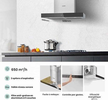 Hotte Aspirante TSHM77SS-60 60 Cm Classe A+++ Hotte Aspirante En Acier Inoxydable 650 M³/H Avec LED, Système De Recirculation Et Canalisation Et Filtres À Charbon