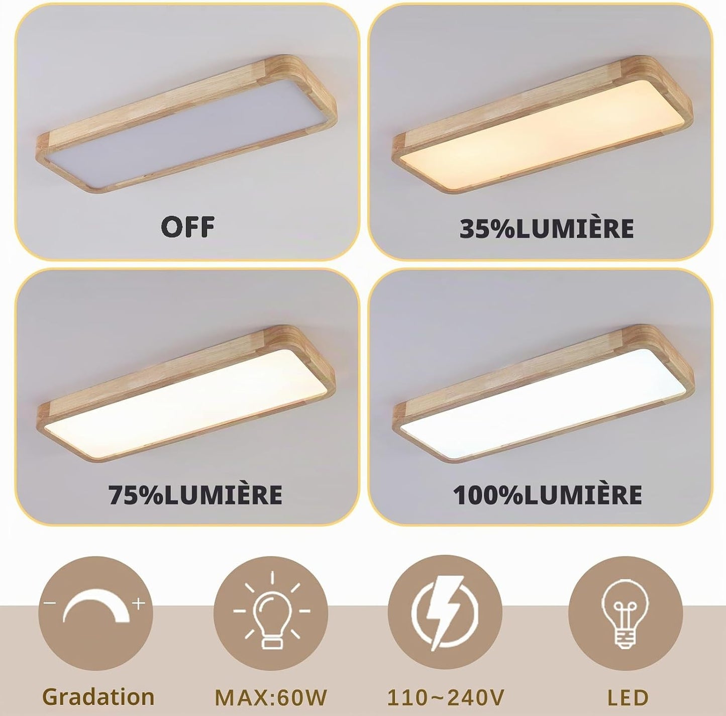 Bois Plafonnier Led,Chambre Luminaires Intérieur 80 * 30Cm Carré Cuisine Lampe 36W Contrôle Dimmable Grand Luminaire Plafonnier Pour Salon Atelier