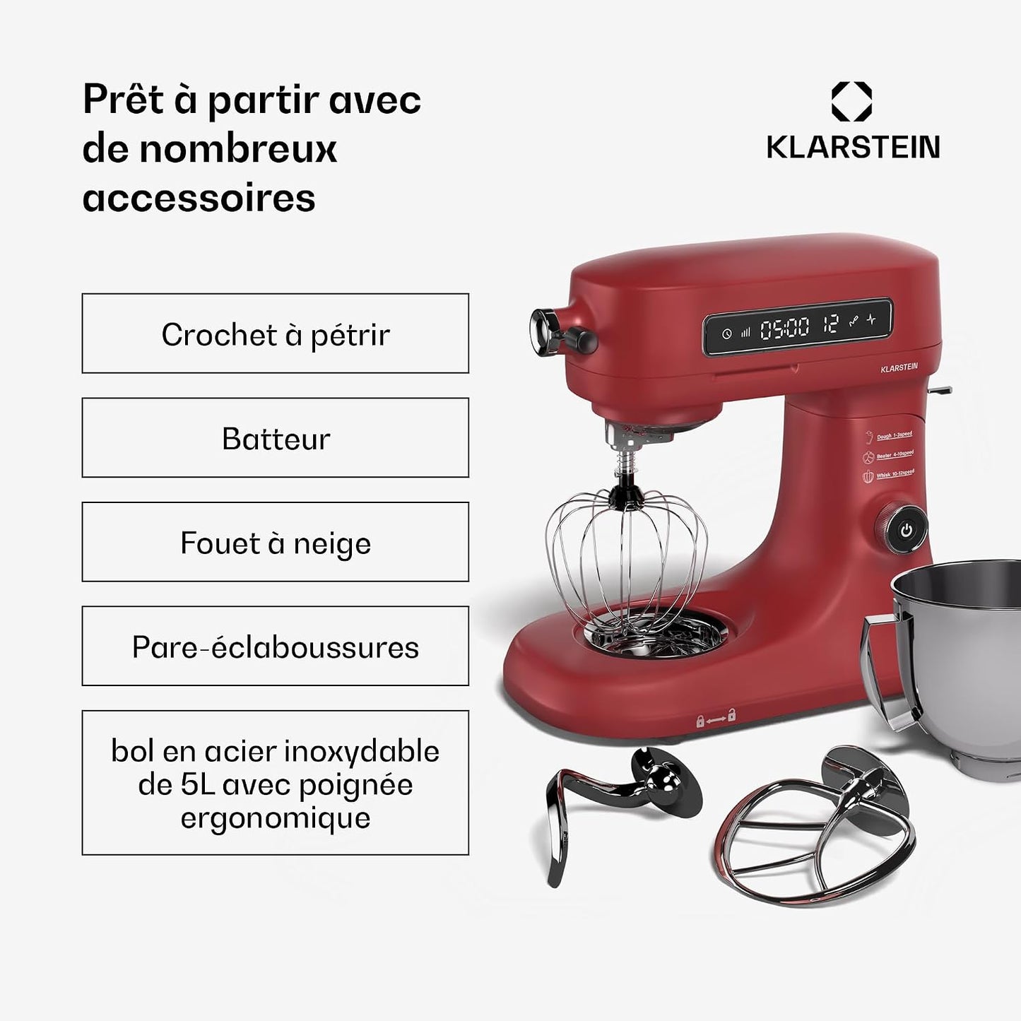 Klarstein Chiara Robot De Cuisine Multifonctions – 1600 W, Bol Inox 5 L, 12 Vitesses, Écran Tactile LCD, Silencieux ≤ 72 Db, Accessoires Lavables, Set De Pâtisserie, Boîtier En Aluminium Moulé, Rouge