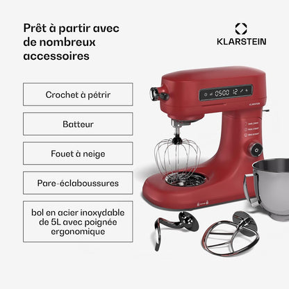 Klarstein Chiara Robot De Cuisine Multifonctions – 1600 W, Bol Inox 5 L, 12 Vitesses, Écran Tactile LCD, Silencieux ≤ 72 Db, Accessoires Lavables, Set De Pâtisserie, Boîtier En Aluminium Moulé, Rouge