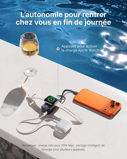 Power Bank Pour Apple Watch, Mini 5000Mah 20W Charge Rapide Chargeur | Batterie Externe Avec Câble Intégré, Mince Batterie Avec Porte-Clés Et LCD Pour Iwatch 10/9/8/Ultra2/Ultra, Iphone 17 16 Etc