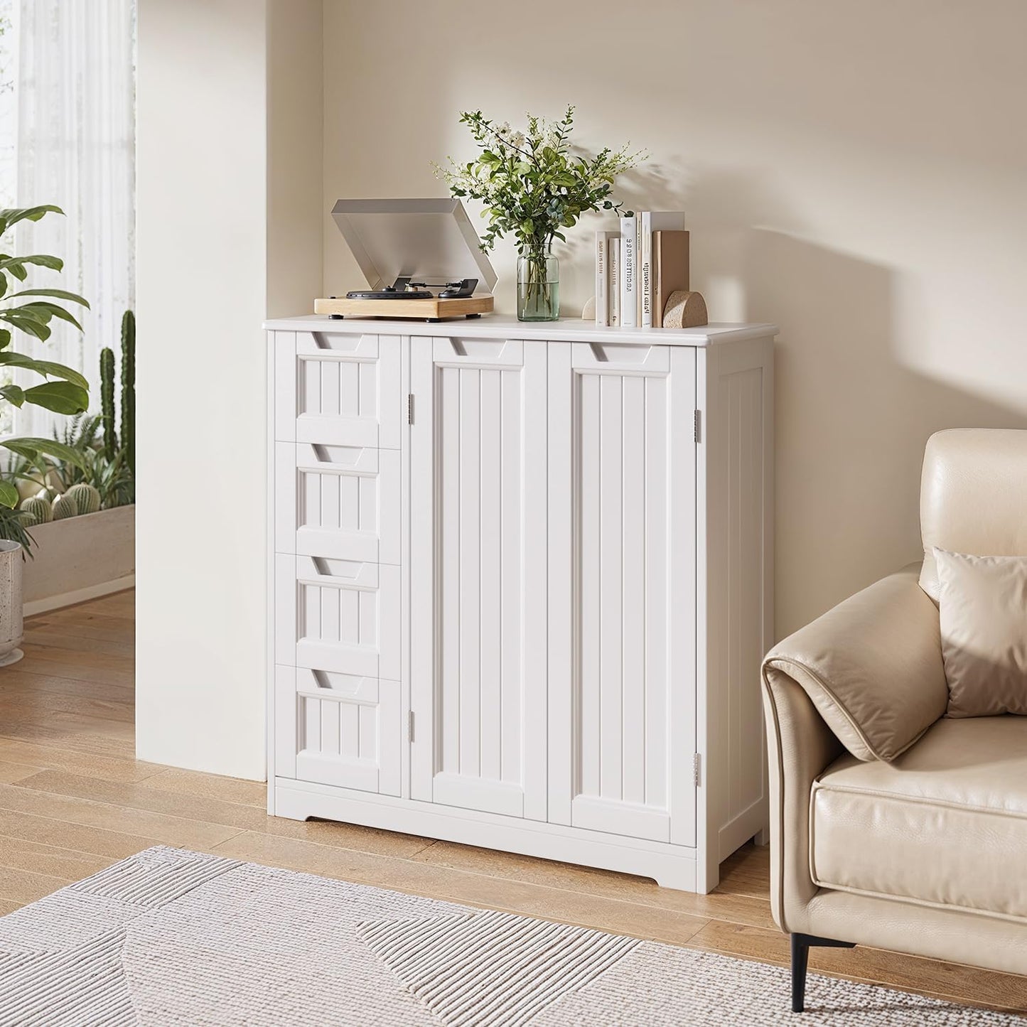 Meuble Salle De Bain Armoire De Baño, Avec 4 Tiroirs Et 2 Portes,Meuble Pour Salle De Bain Salon Cuisine,Avec Étagère Réglable,81 X 30 X 83 Cm,Blanc