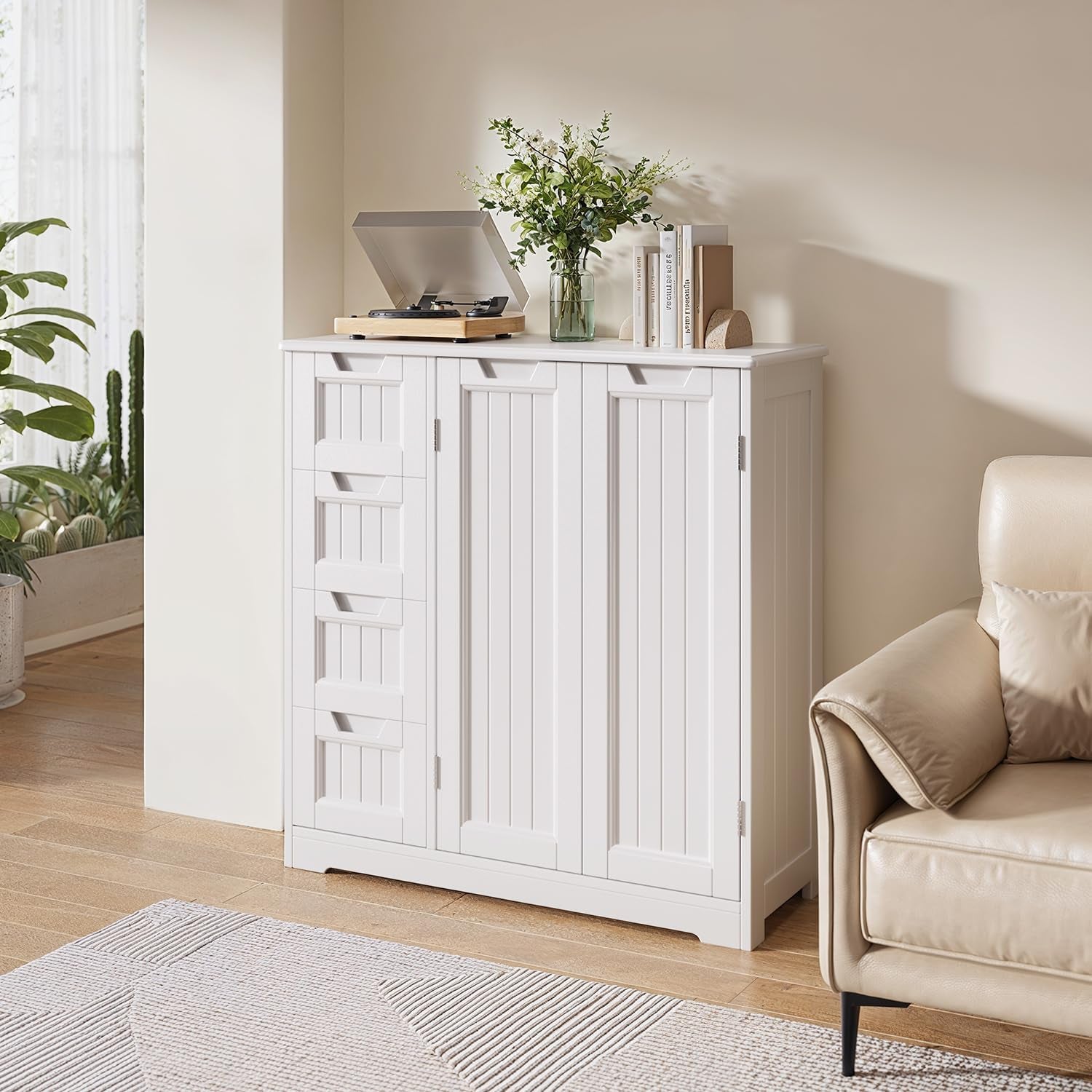 Meuble Salle De Bain Armoire De Baño, Avec 4 Tiroirs Et 2 Portes,Meuble Pour Salle De Bain Salon Cuisine,Avec Étagère Réglable,81 X 30 X 83 Cm,Blanc