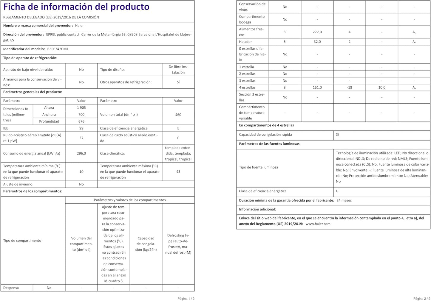 B3FE742CMJW Réfrigérateur Combiné FD 70 Série 5 - 458L (Réfrigérateur 307L + Congélateur 151L), Hauteur : 190 Cm, 296 Kwh/An, ABT, Myzone Pro, Humidity Zone, Distributeur Eau, Classe E