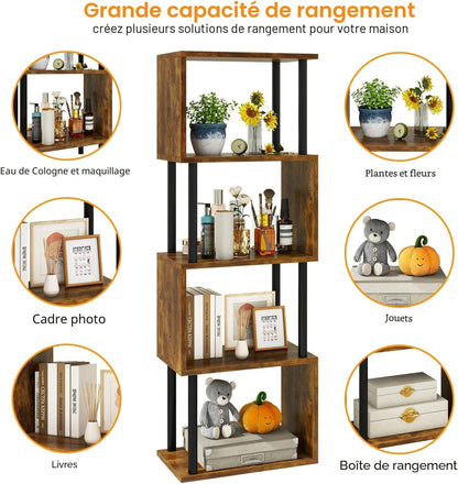 Bibliothèque En Forme De S, Étagère À 5 Niveaux,Marron WBC015H | Meuble De Rangement Bibliothèque Bois Moderne Pour Salon Chambre À Coucher Bureau À Domicile