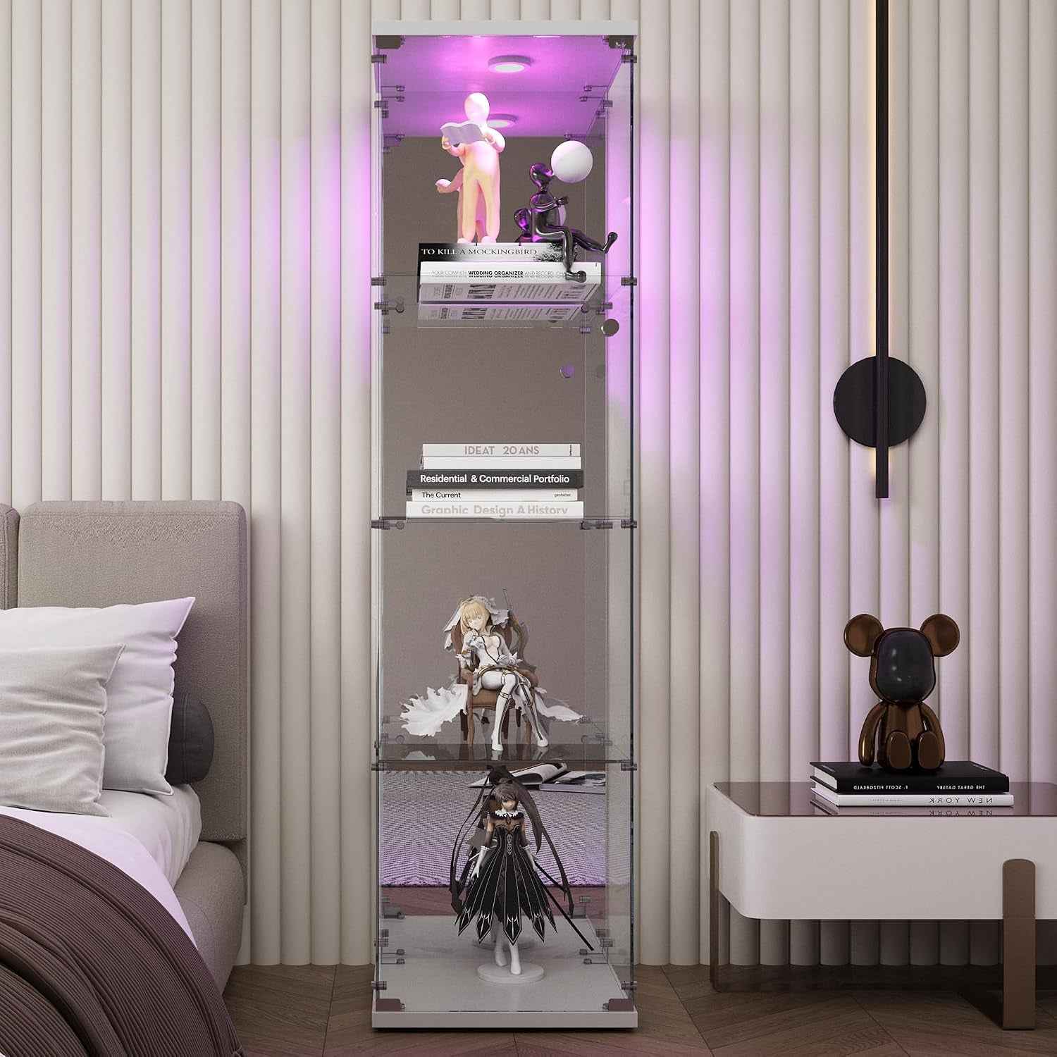 Vitrine En Verre, Meuble De Rangement Autonome Avec Éclairage LED Et Effet Miroir, Vitrine En Verre À 4 Couches, Convient Pour Bureau, Salon, Cuisine, 164 X 42,5 X 36,5 Cm (Blanc)