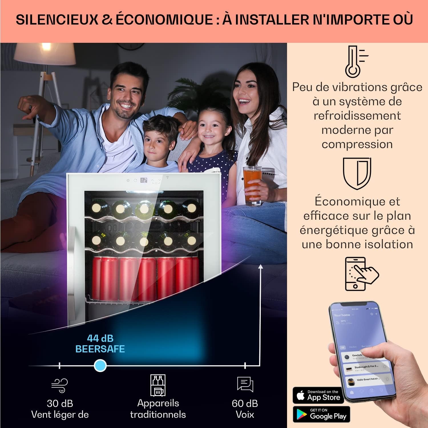 Mini Frigo De Chambre, Frigo À Bière, Mini Bar, Refrigerateur Aliments, Boissons, Contrôle Iot/App, Petit Réfrigérateur Camping Silencieux, Frigo Cosmetique, Etagères Amovibles, 3-18°C, 60L