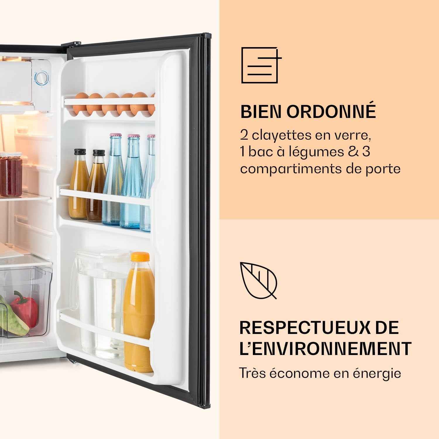 Alleinversorger - Réfrigérateur, Classe E, Congélateur, 5 Niveaux De Température, 2 Clayettes En Verre, Porte Interchangeable, Capacité : Réfrigérateur 90 L, Noir