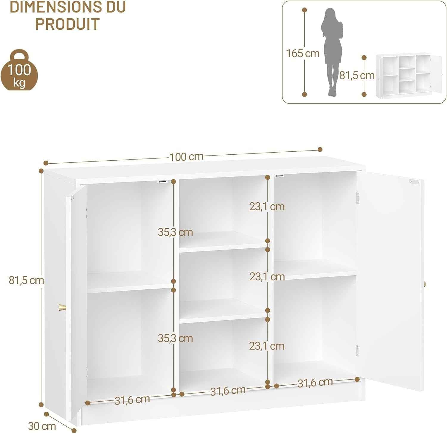 Meuble Salle De Bain, Meuble De Rangement Avec Étagère Réglable | Armoire Sur Pied Avec Arquées Et 3 Étagères Ouvertes, Pour Salle De Bain, Salon, 30 X 100 X 81,5 Cm, Blanc SC21203X