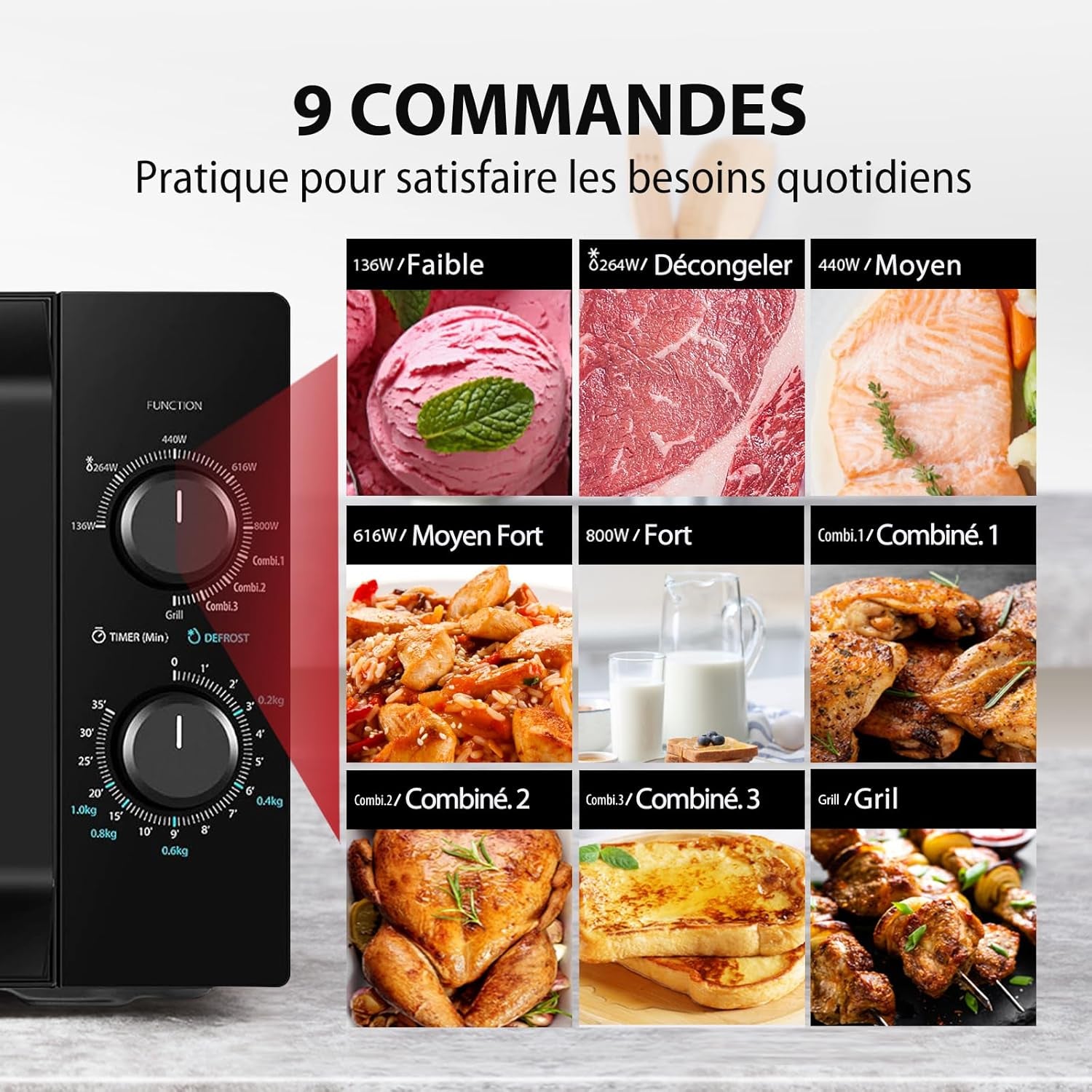 Four À Micro-Ondes 20 L MW2-MG20P(BK), 800W/1000W Grill, Avec Grill Croustillant Et Fonction De Cuisson Combinée, 9 Niveaux De Puissance, Ampoule LED, Dégivrage Facile, Noir