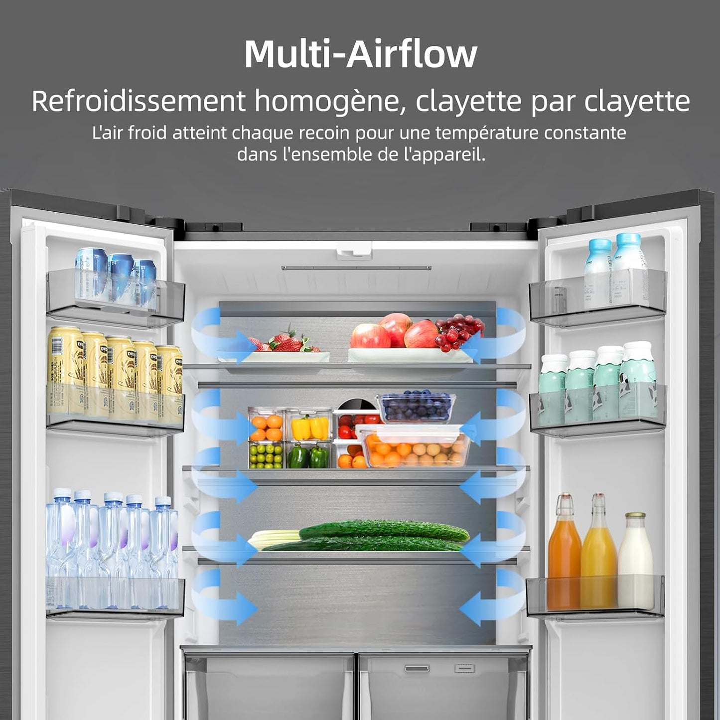 458L Frigo Américain 4 Portes Total No Frost Noir (CCD460NGE) | Silencieux 37Db, Froid Ventilé, Système Multiairflow, Congélateur -32°C, Zone Care + Space,Profondeur 600Mm