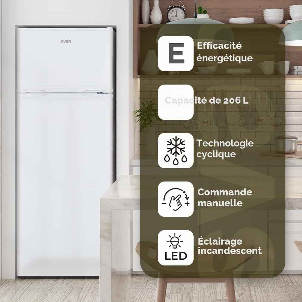 Réfrigérateur Blanc, 2 Portes. SF145501E, Capacité 206 Litres, Cyclique, Moteur Universel, Faible Niveau Sonore, Porte Réversible, Ouverture Par Prise, Classe Énergétique E