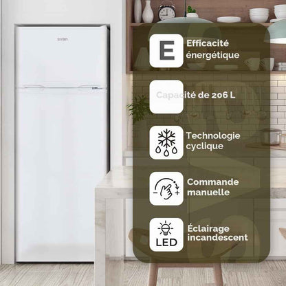 Réfrigérateur Blanc, 2 Portes. SF145501E, Capacité 206 Litres, Cyclique, Moteur Universel, Faible Niveau Sonore, Porte Réversible, Ouverture Par Prise, Classe Énergétique E