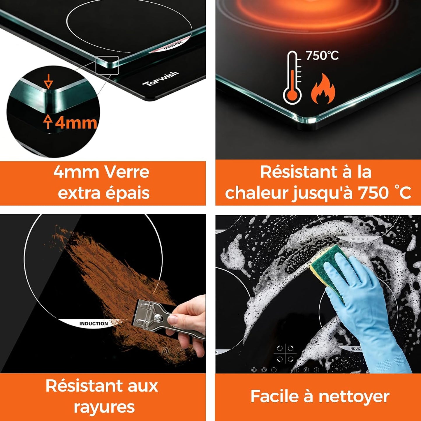 Plaque Induction, Plaque Induction 4 Feux, 7200W | Plaque De Cuisson Electrique, Con Verrou De Sécurité, Boost, Voyant De Surface Chaude, Protection D'Extinction, Timer, 60Cm