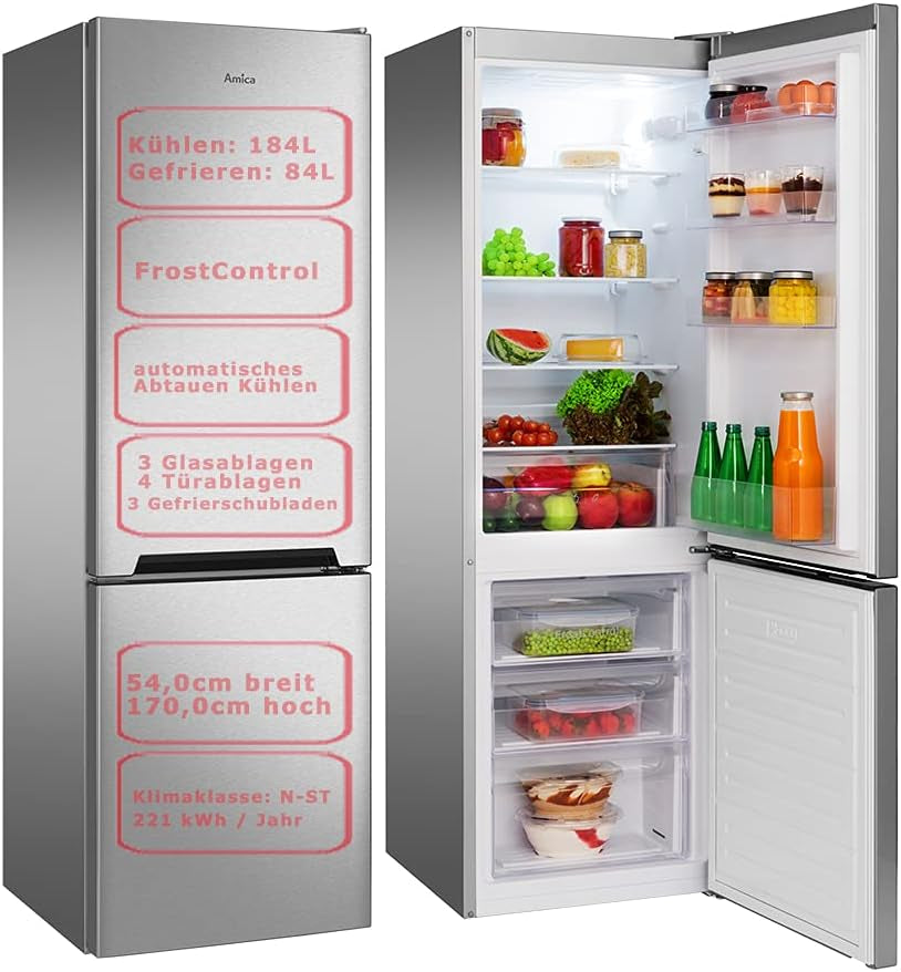 Amica KGCL 387 115 E Kühl-Gefrierkombination, 54 Cm Breit, 170 Cm Hoch, 268 L, Automatische Abtauung, Frostcontrol, 3 Ablagen, Edelstahl
