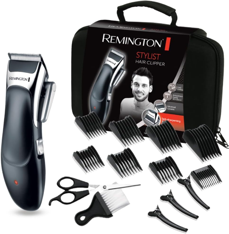 Tondeuse Cheveux [Kit Coiffeur Professionnel] Stylist Noir & Argent (Lames Céramique Auto-Affûtées, Secteur/Sans Fil-Batterie Lithium, 8 Sabots, Mallette Pro + Accessoires) Tondeuse HC363C