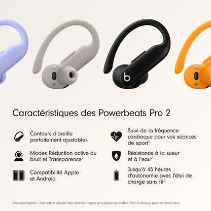 Power Pro 2 Écouteurs Bluetooth Sans Fil- Suppression Du Bruit, Suivi De La Fréquence Cardiaque, IPX4, JusquʼÀ 45H Avec Étui De Recharge, Compatible Apple & Android - Obsidienne