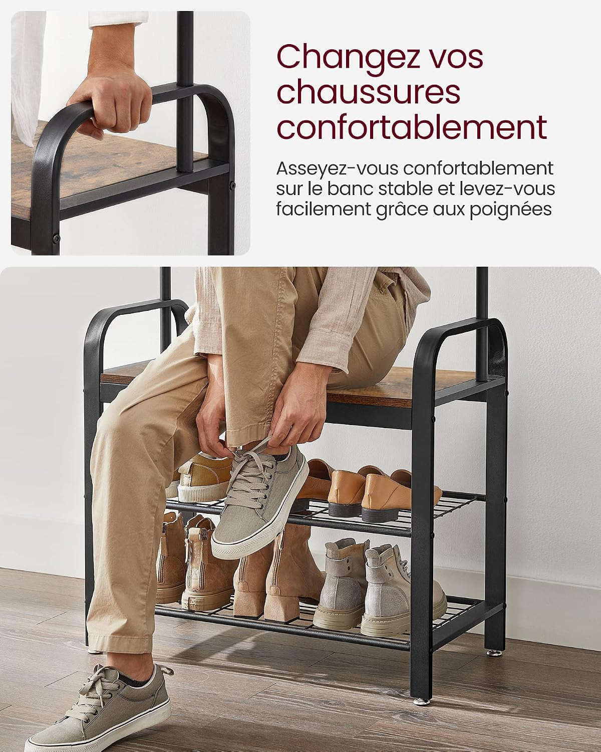 Porte-Manteau Avec Étagère À Chaussures, 4-En-1, Vestiaire | Meuble D'Entrée Avec Banc, Marron Rustique Et Noir, Amovibles, Vestiaire, Style Industriel, Dacey Collection HSR40B