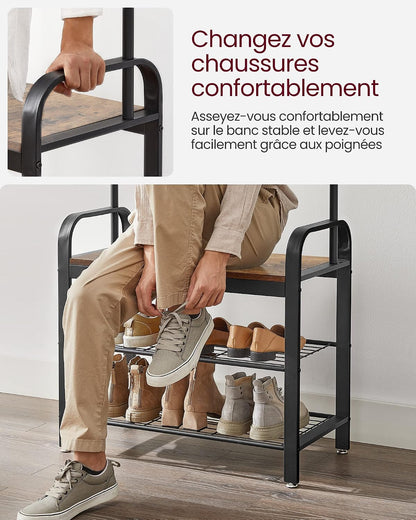 Porte-Manteau Avec Étagère À Chaussures, 4-En-1, Vestiaire | Meuble D'Entrée Avec Banc, Marron Rustique Et Noir, Amovibles, Vestiaire, Style Industriel, Dacey Collection HSR40B