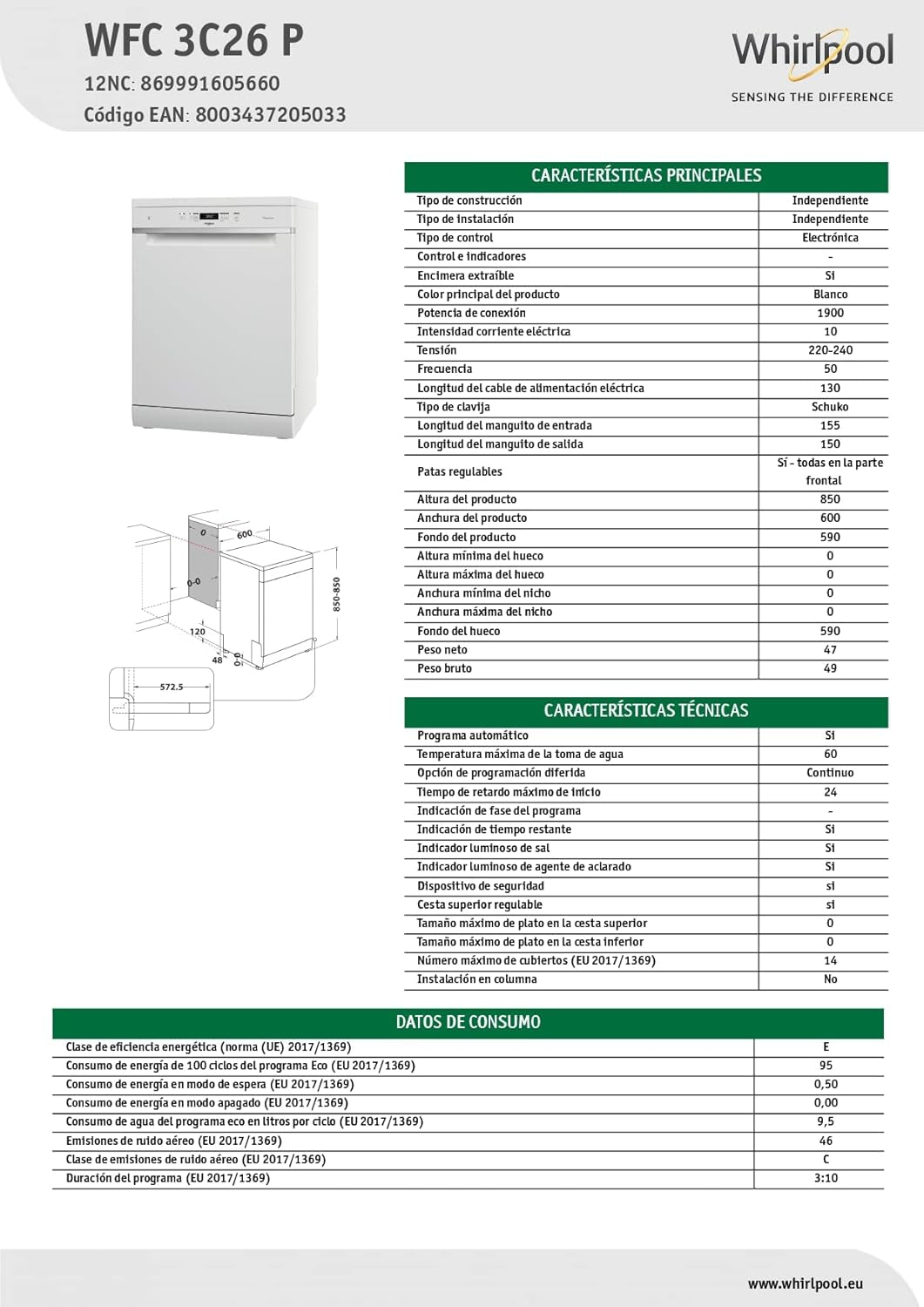 Whirlpool WFC 3C26 P, Lave-Vaisselle Pose Libre 60Cm, 14 Couverts, E