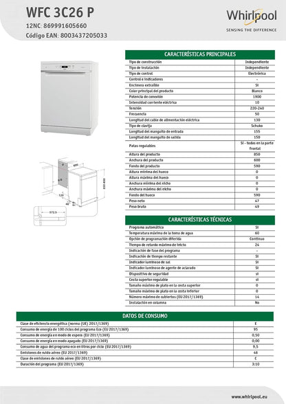 Whirlpool WFC 3C26 P, Lave-Vaisselle Pose Libre 60Cm, 14 Couverts, E