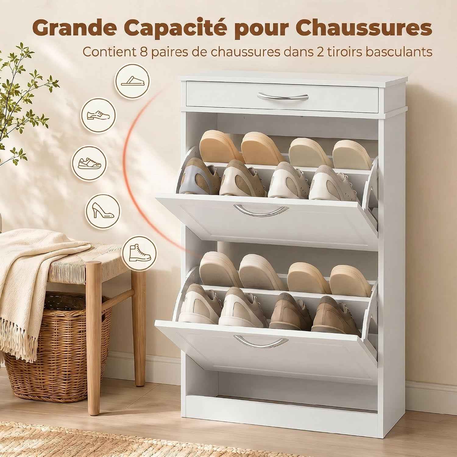 Meuble Chaussure 8 Paires Étroit, Tiroir 53 X 26,5 X 89 Cm Blanc | Armoire À Chaussures, 2 Portes Abattants, Étagère Réglable, Meuble D'Entrée Et Couloir