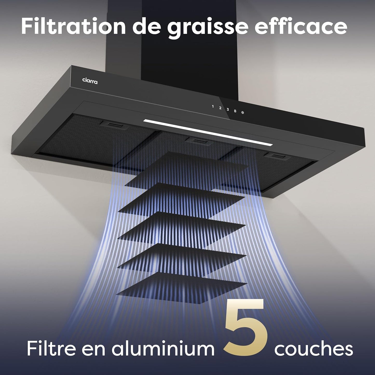CBCB9102 Hotte Aspirante 90 Cm Classe A+++ 709 M³/H Wifi & APP Noir | Commande Tactile, 4 Vitesses & Boost, Filtre À Charbon CBCF003 Inclus, Recyclage Ou Évacuation, Affichage LED - Hotte Murale.