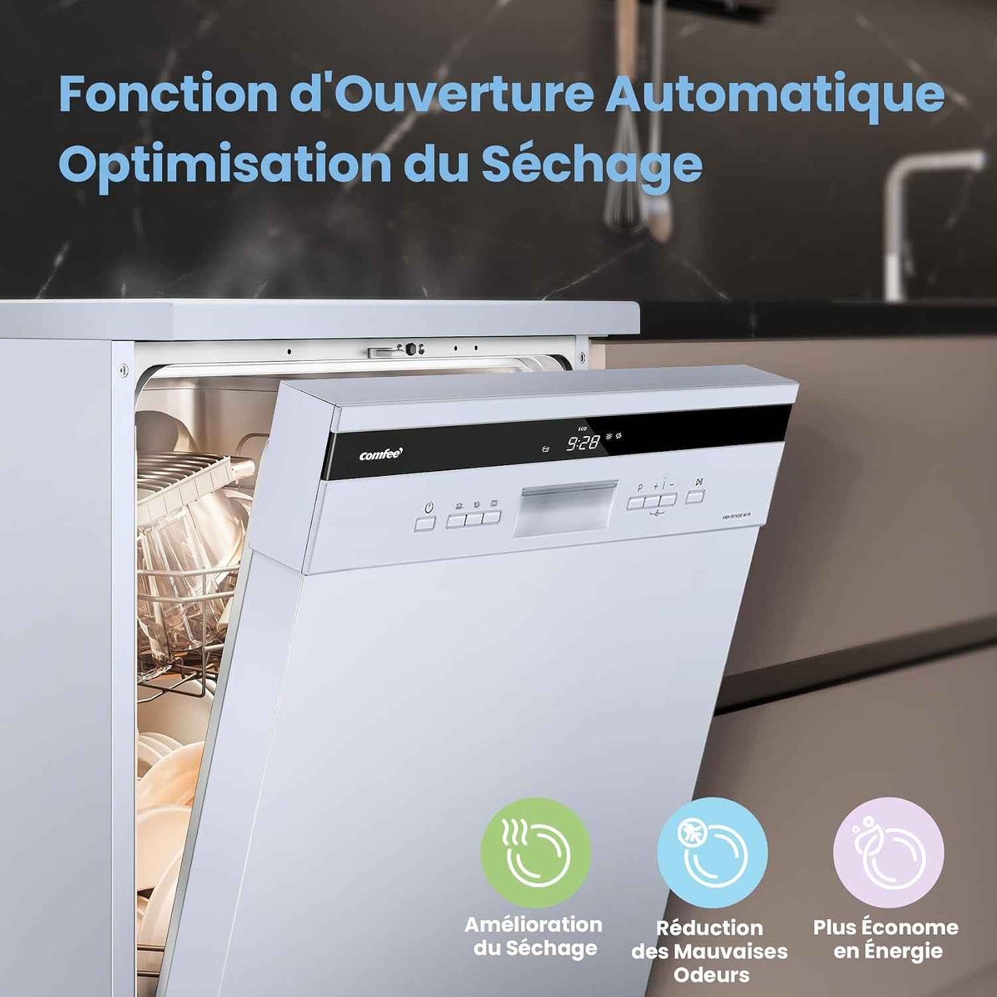 ' FD1435E-W Lave-Vaisselle Pose Libre 14 Couverts, 60 Cm, 44 Db | 8 Programmes, Ouverture Automatique, Départ Différé, Demi-Charge, Paniers Flexibles, Séchage Intensif, Blanc