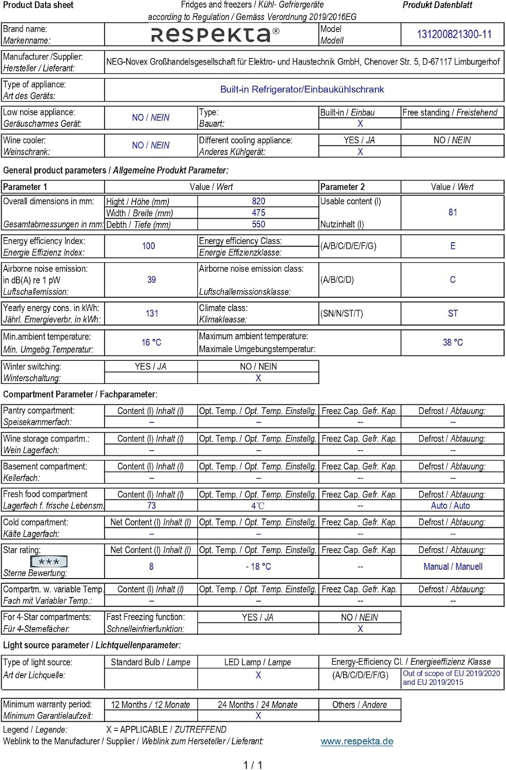 Réfrigérateur Encastrable Avec Compartiment Congélateur 3 Étoiles / 82Cm De Hauteur / 81L De Capacité Utile/Charnières De Porte Réversibles/Pieds Réglables / KSU50-11