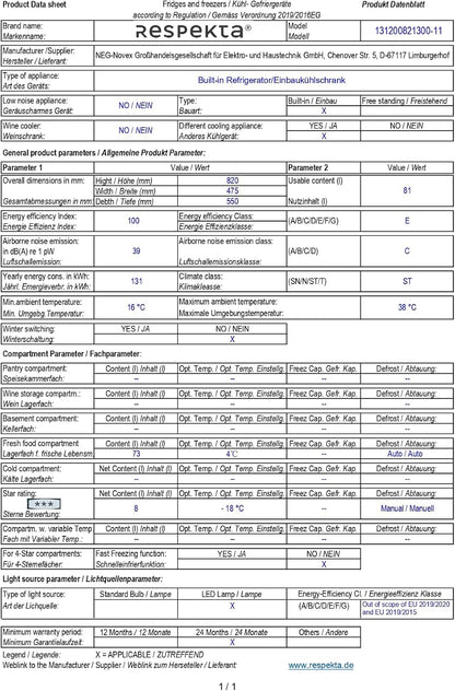 Réfrigérateur Encastrable Avec Compartiment Congélateur 3 Étoiles / 82Cm De Hauteur / 81L De Capacité Utile/Charnières De Porte Réversibles/Pieds Réglables / KSU50-11