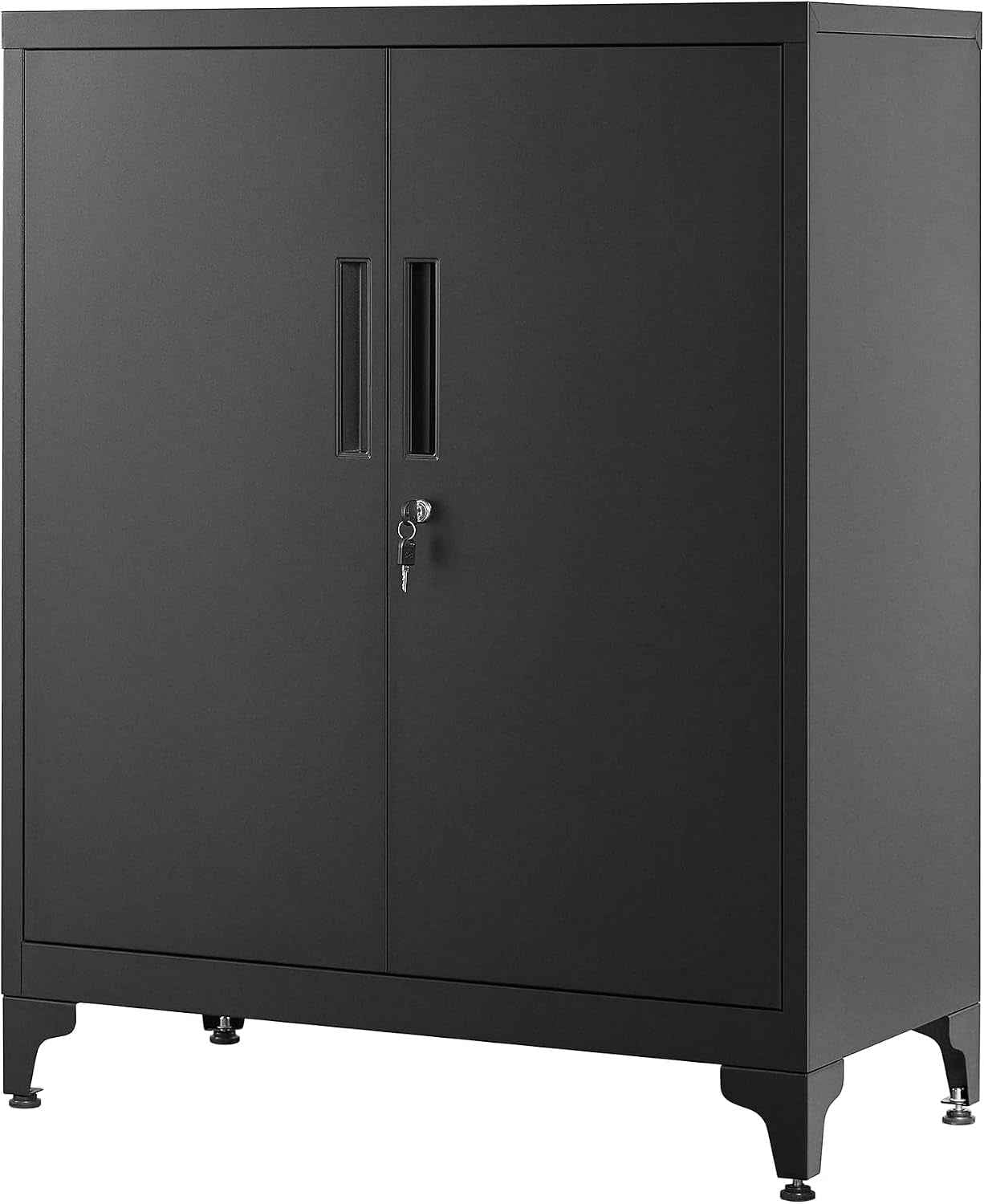 Caisson De Bureau, Placard Polyvalent, Armoire De Bureau À 2 Portes, Verrouillable, En Acier, Pour Salon, Noir Mat OMC013B01