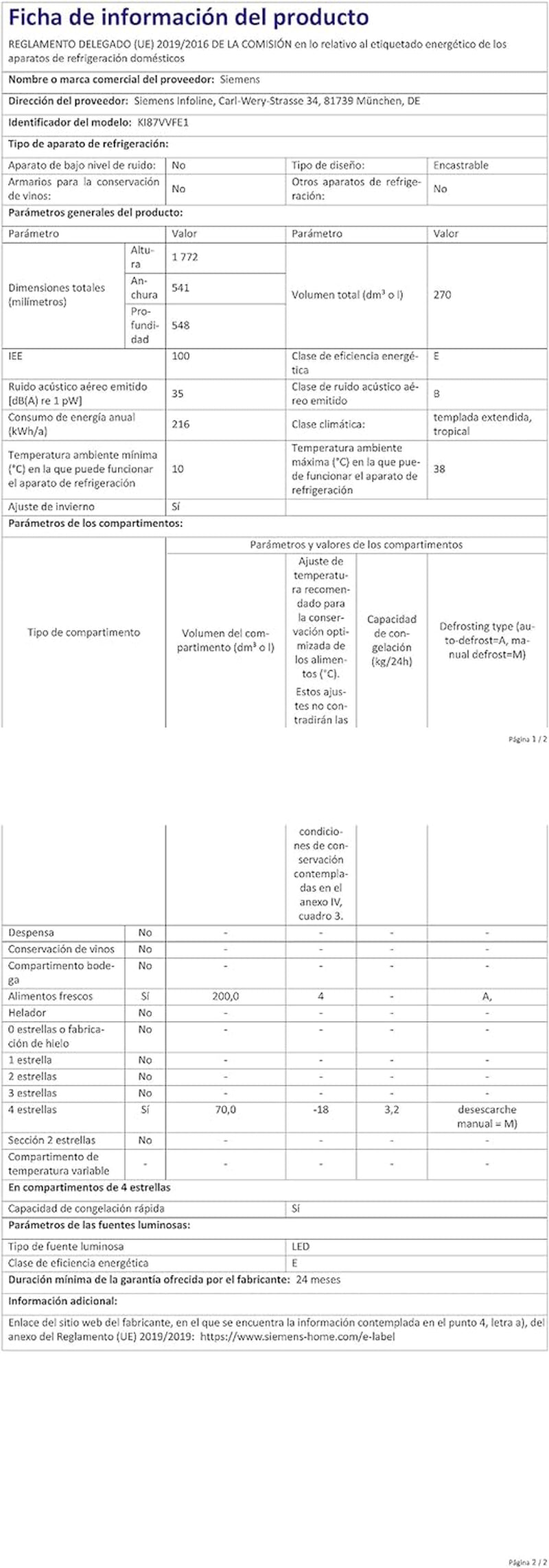 Réfrigérateur Congélateur Encastrable KI87VVFE1 IQ300, 270 Litres, Low Frost