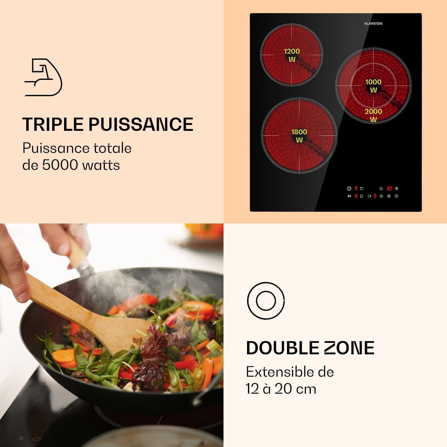 Klarstein Virtuosa 3 Slim Plaque De Cuisson Vitrocéramique - 3 Foyers Jusqu'À 5000 W, 9 Niveaux, Minuterie, Protection Surchauffe, Sécurité Enfant, Commande Tactile