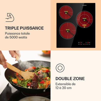 Klarstein Virtuosa 3 Slim Plaque De Cuisson Vitrocéramique - 3 Foyers Jusqu'À 5000 W, 9 Niveaux, Minuterie, Protection Surchauffe, Sécurité Enfant, Commande Tactile