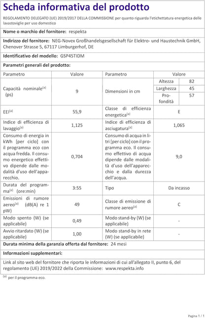 Respekta Lave-Vaisselle Semi-Intégré 45 Cm / Lave-Vaisselle Encastrable Avec Panier À Couverts Flexible / 6 Programmes / Départ Différé / 9 Couverts / Affichage LED / GSP45TIDM